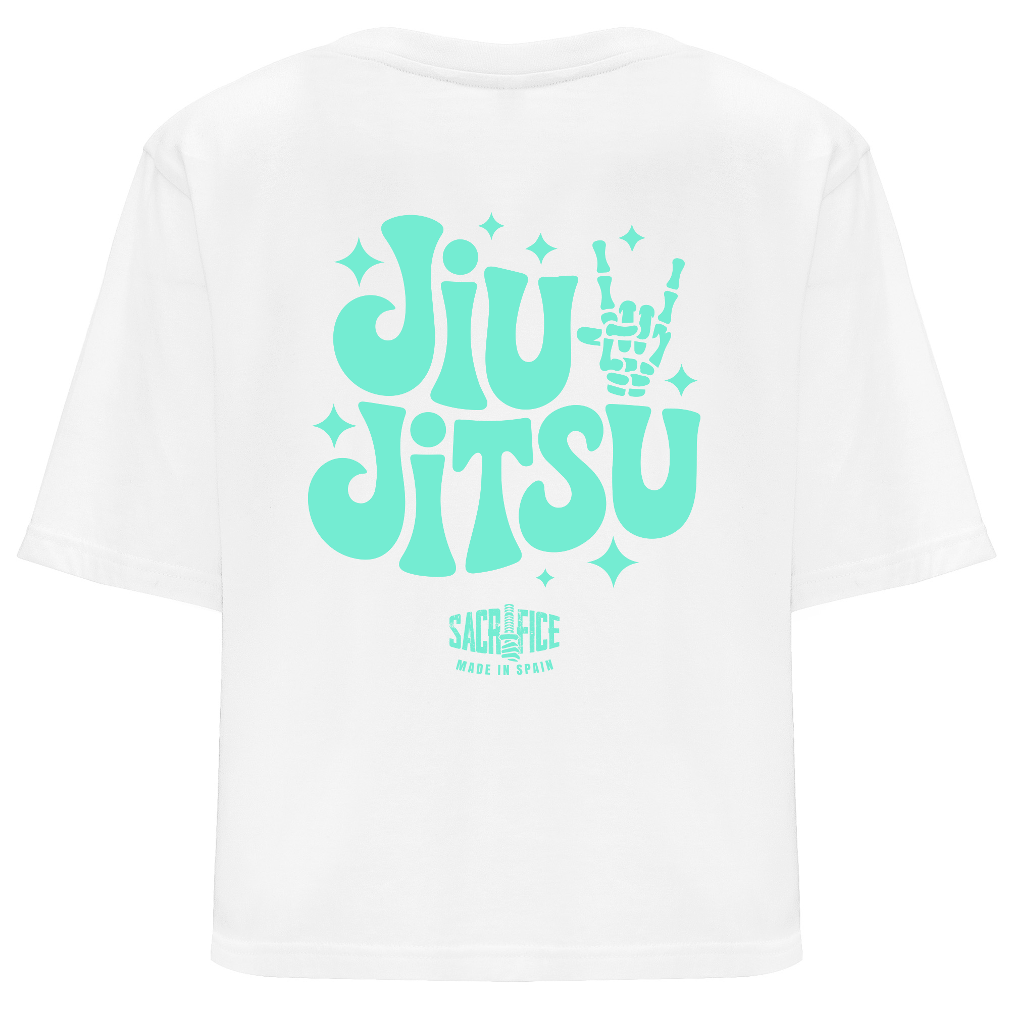 Camiseta oversize blanca espalda mujer BJJ Mano Calavera SACRIFICE