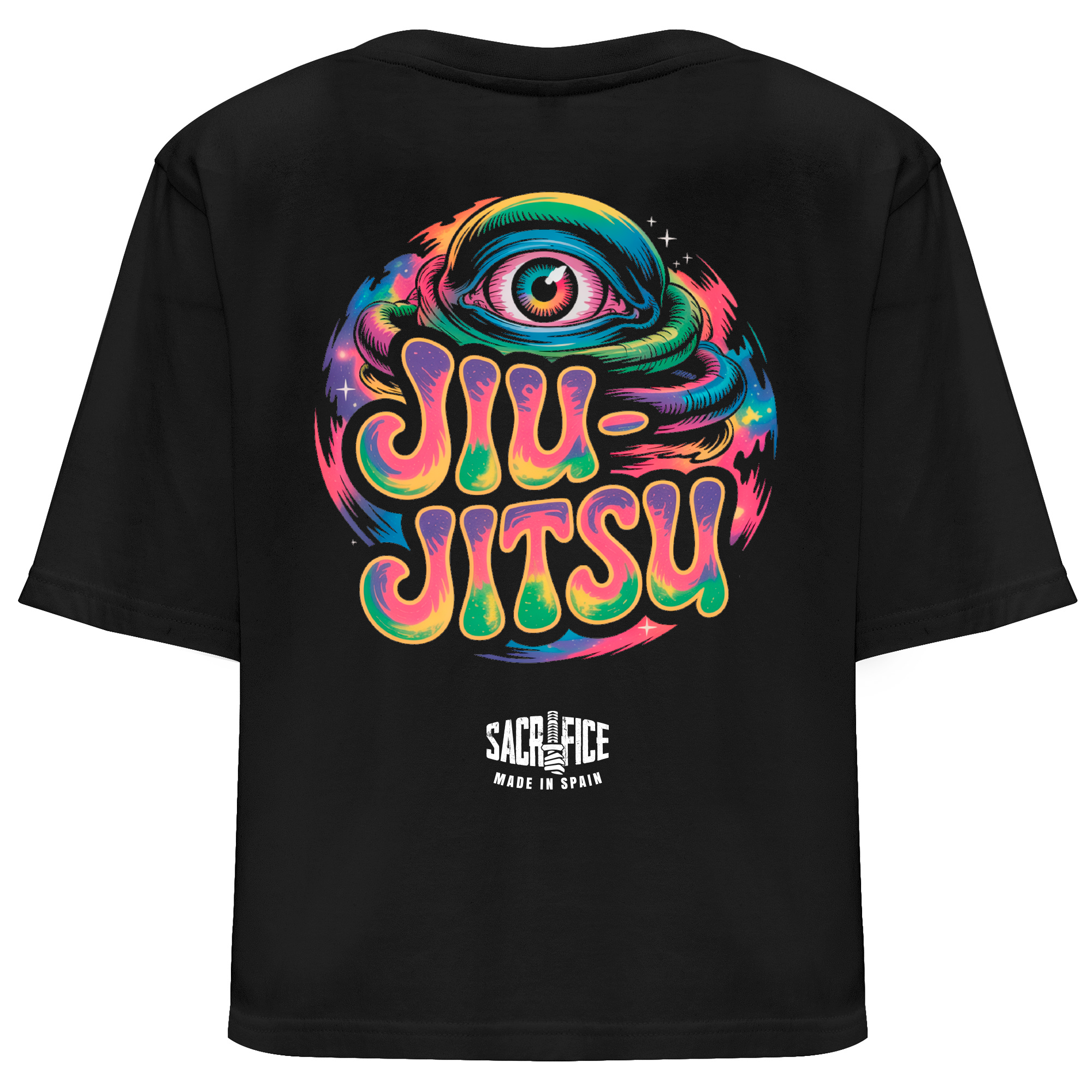 Camiseta oversize negra mujer espalda BJJ Ojo Psicodélico SACRIFICE