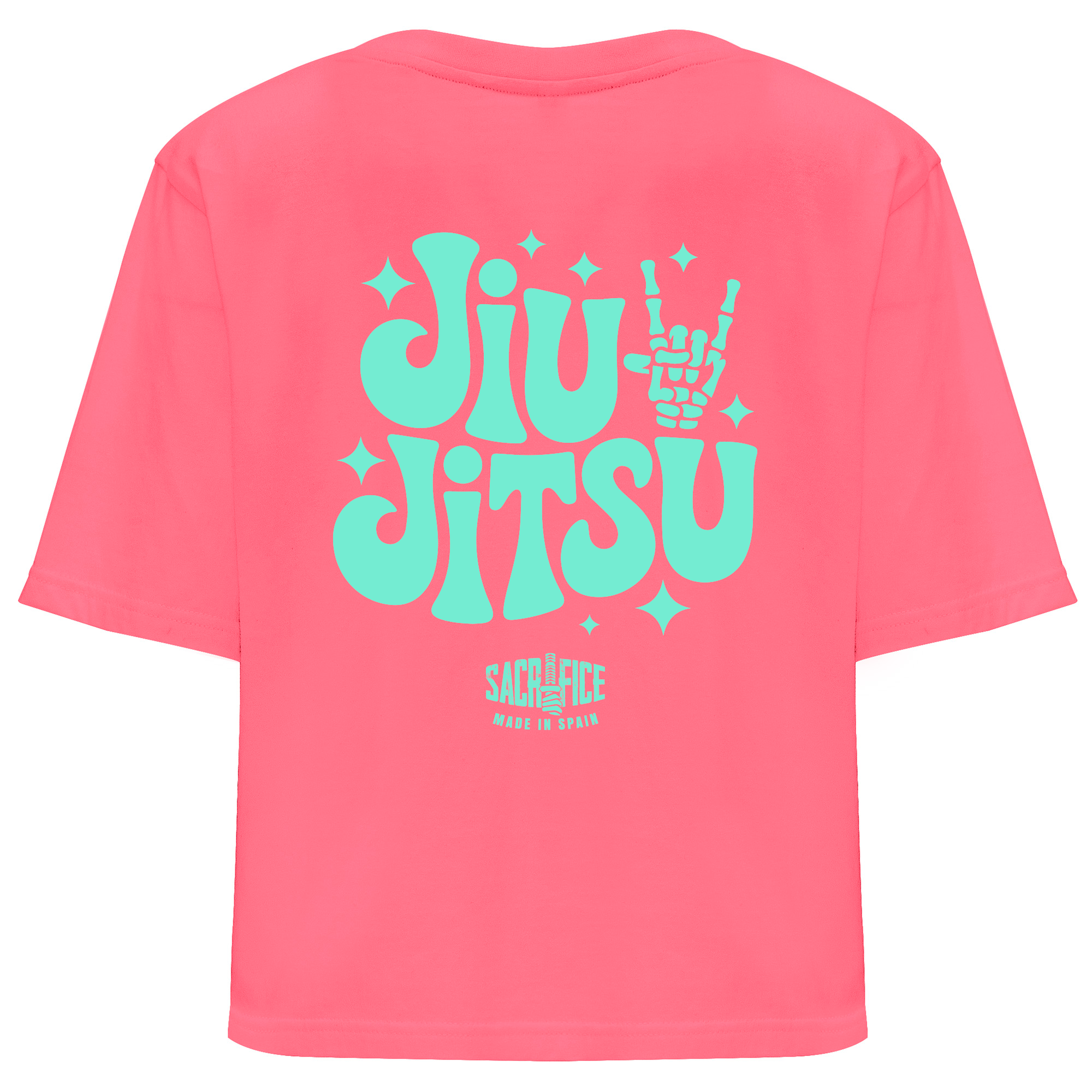 Camiseta oversize rosa fluor espalda mujer BJJ Mano Calavera SACRIFICE