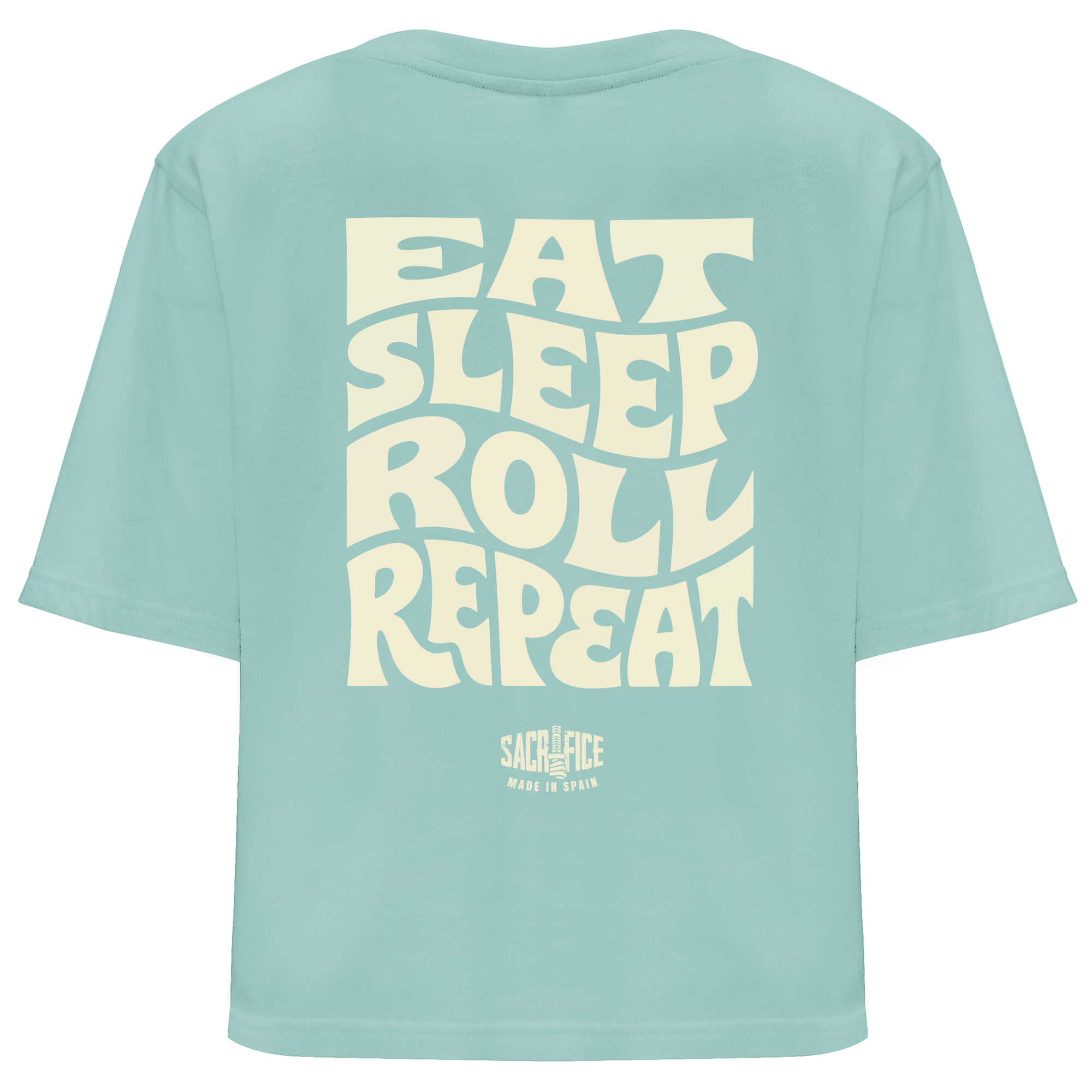 Camiseta oversize azul lavado espalda mujer Brazilian Jiu-Jitsu Eat Sleep Roll SACRIFICE