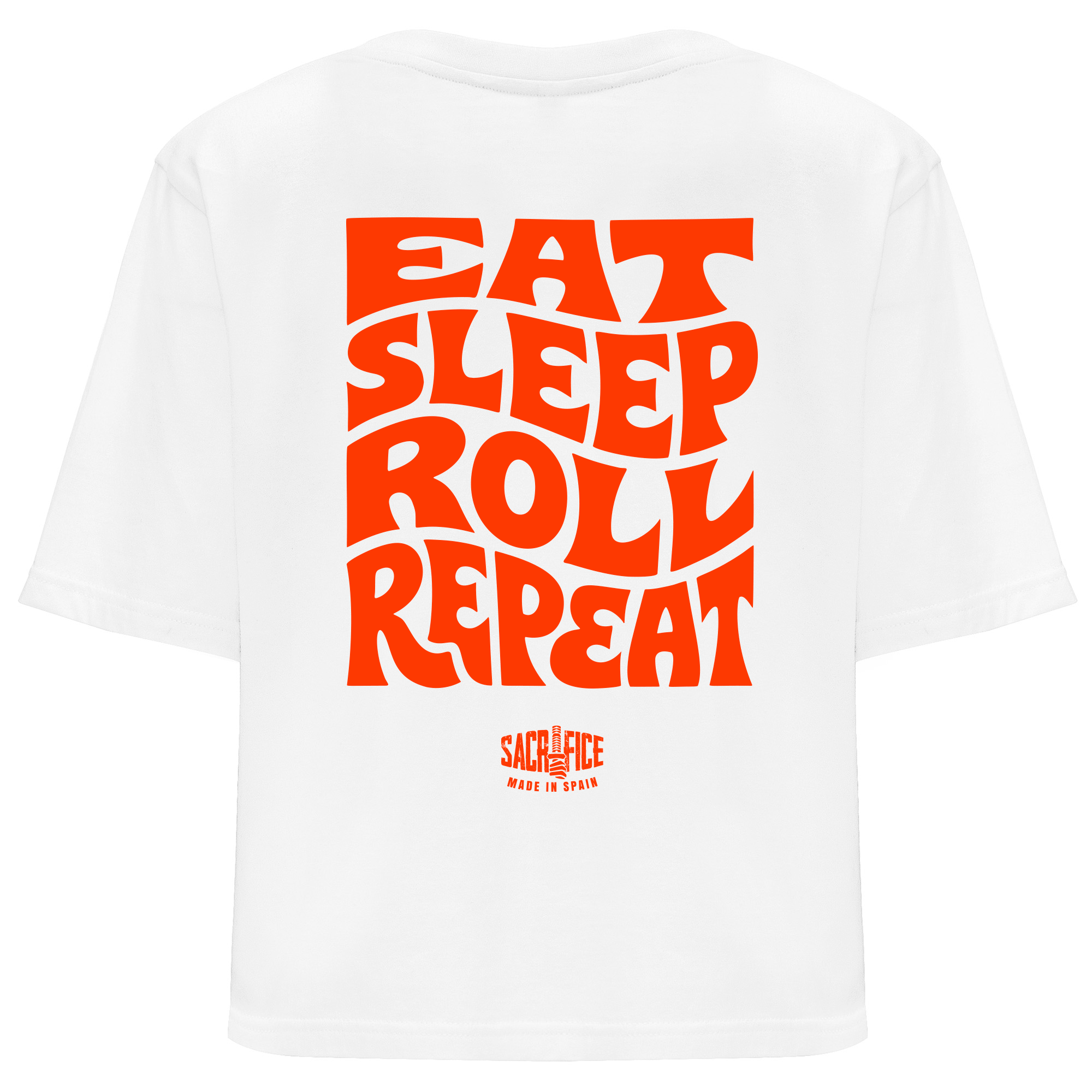 Camiseta oversize blanca espalda mujer Brazilian Jiu-Jitsu Eat Sleep Roll SACRIFICE