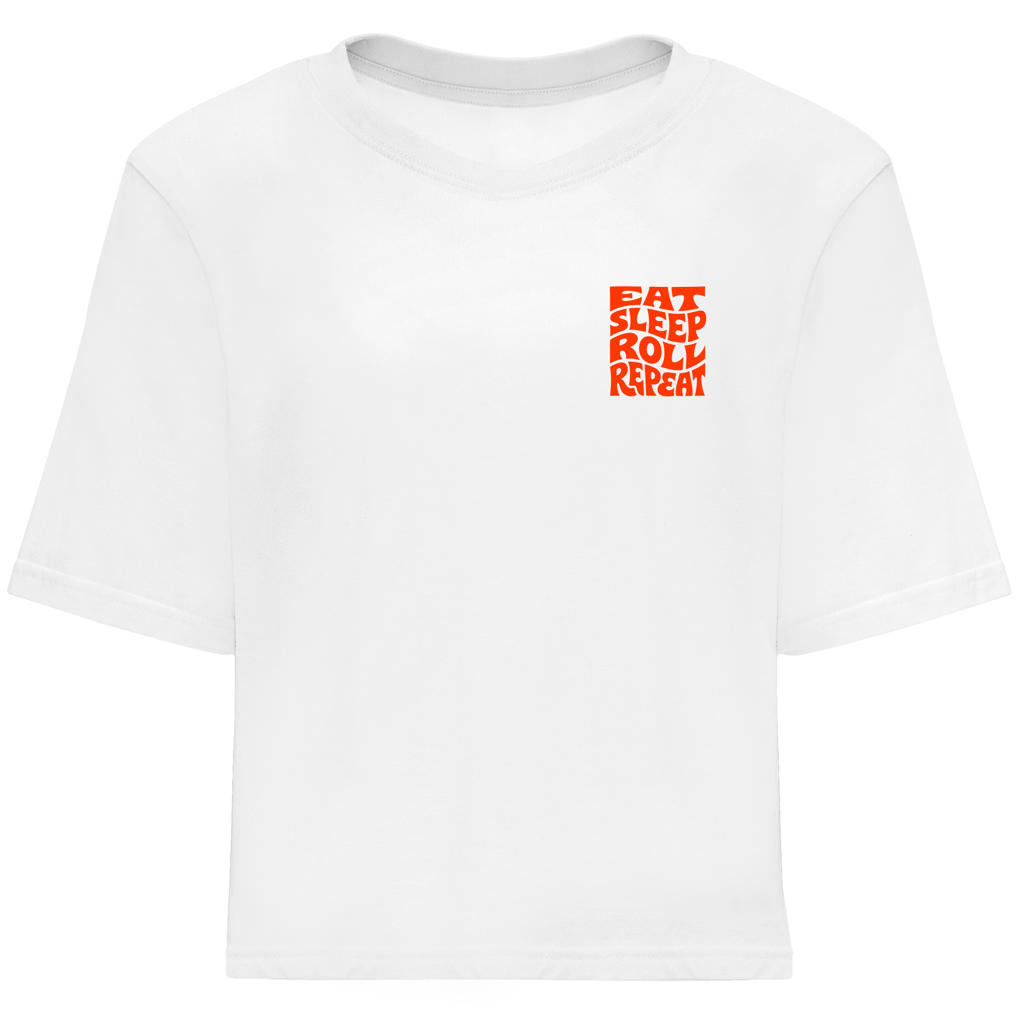 Camiseta oversize blanca frente mujer Brazilian Jiu-Jitsu Eat Sleep Roll SACRIFICE
