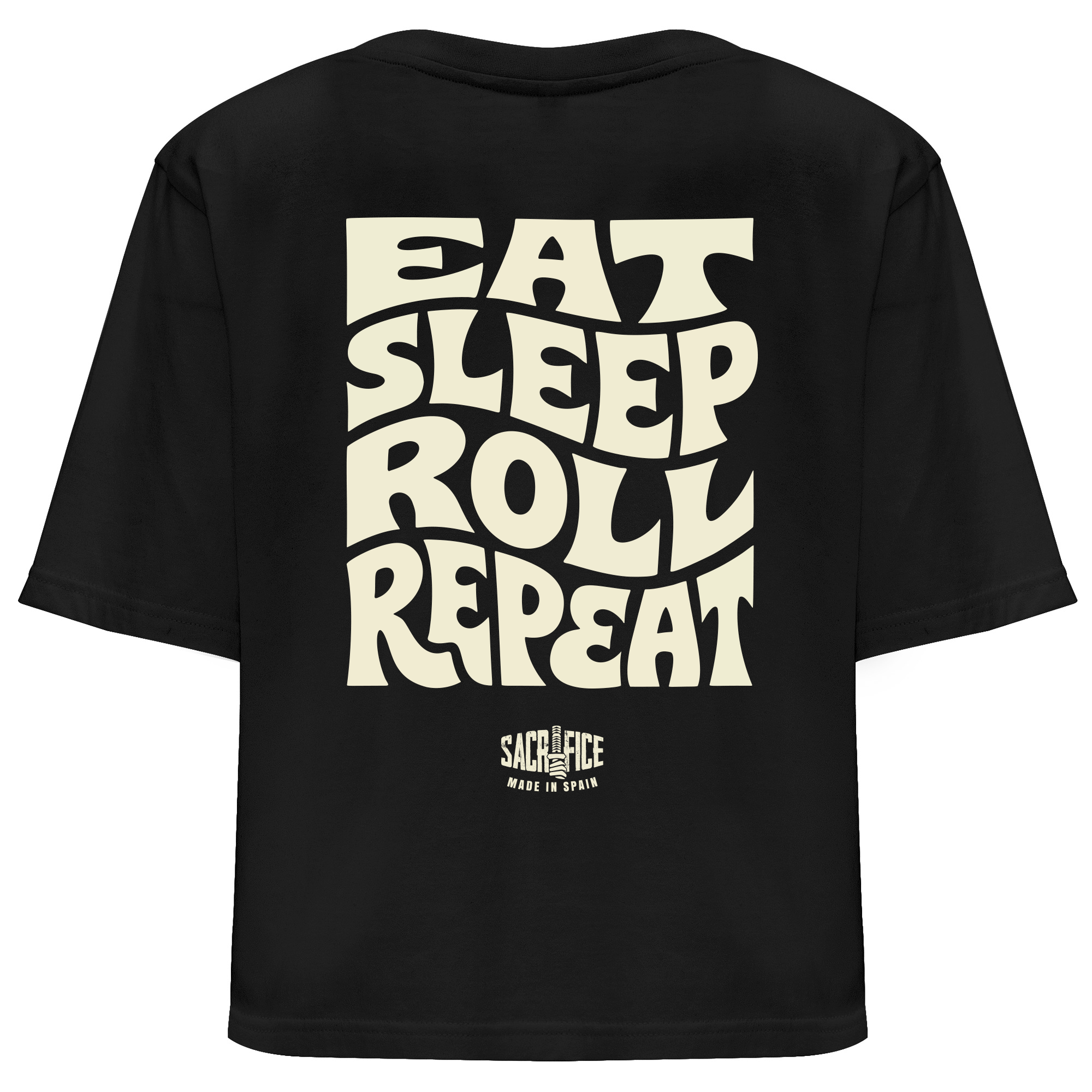 Camiseta oversize negra espalda mujer Brazilian Jiu-Jitsu Eat Sleep Roll SACRIFICE