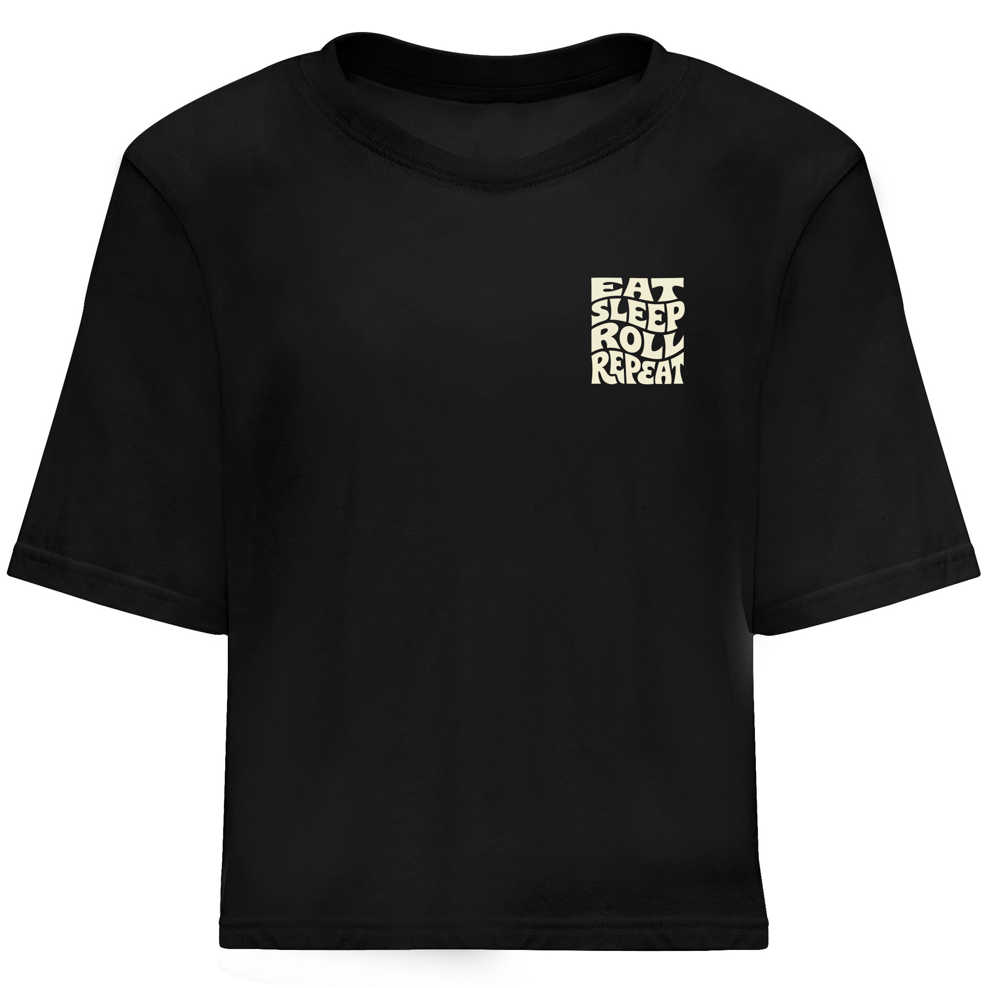 Camiseta oversize negra frente mujer Brazilian Jiu-Jitsu Eat Sleep Roll SACRIFICE