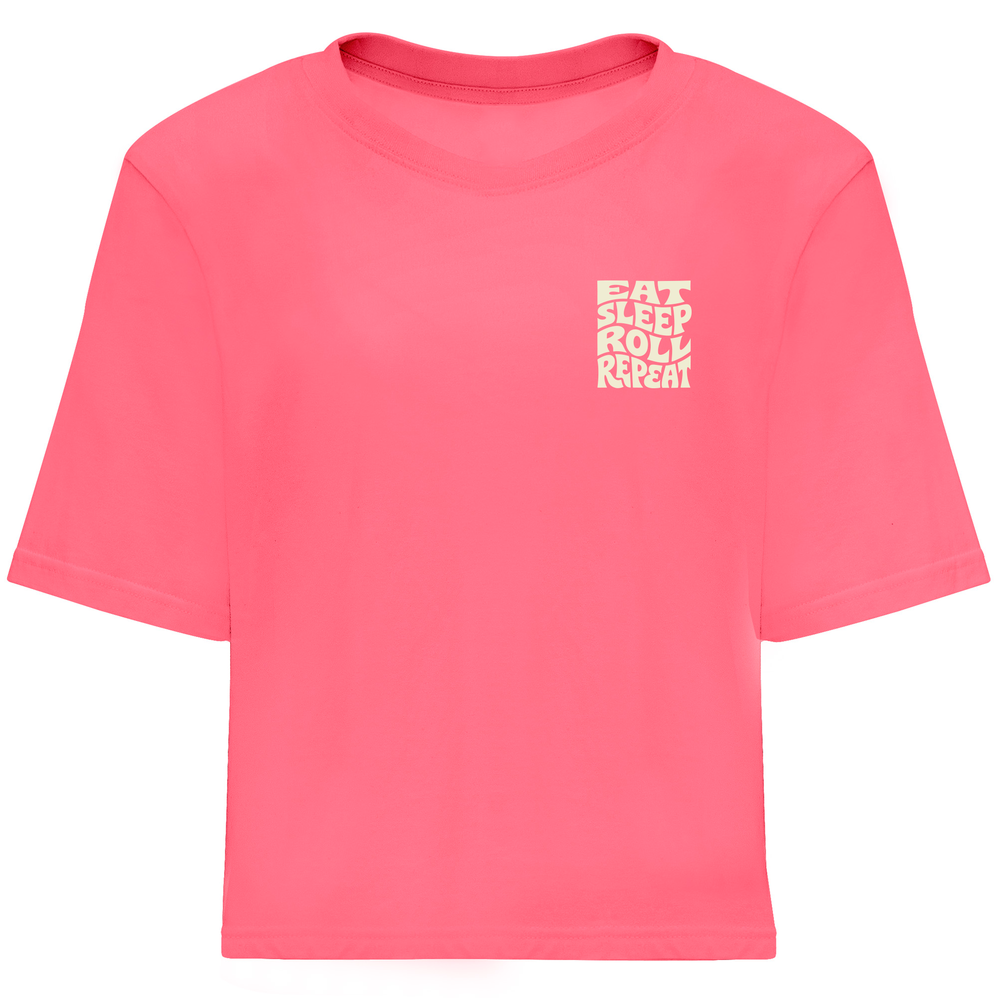 Camiseta oversize rosa flúor frente mujer Brazilian Jiu-Jitsu Eat Sleep Roll SACRIFICE